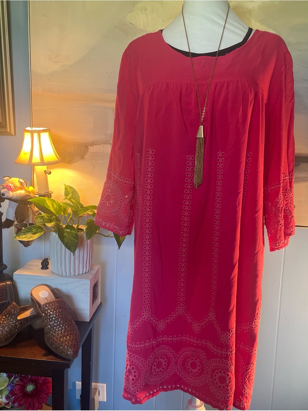 crown & ivy Red Embroidered Midi Dress